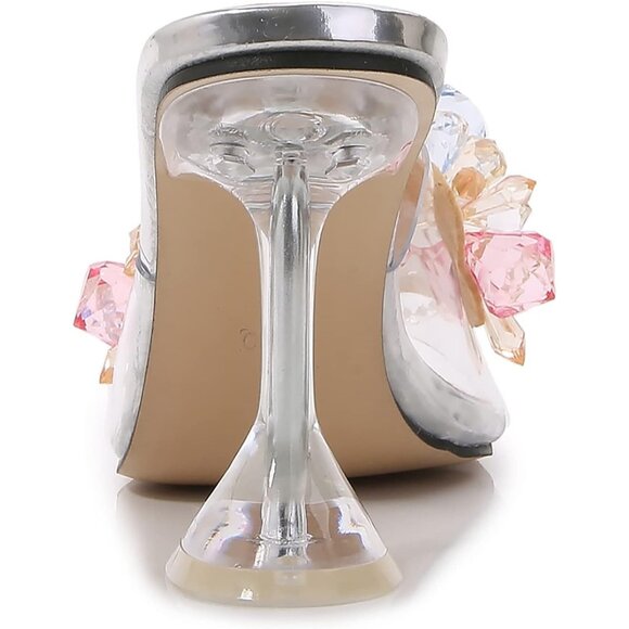 Elegant Women Crystal Flower Silver Heels Square Toe Stiletto Mule Dress Sandals - Picture 7 of 7